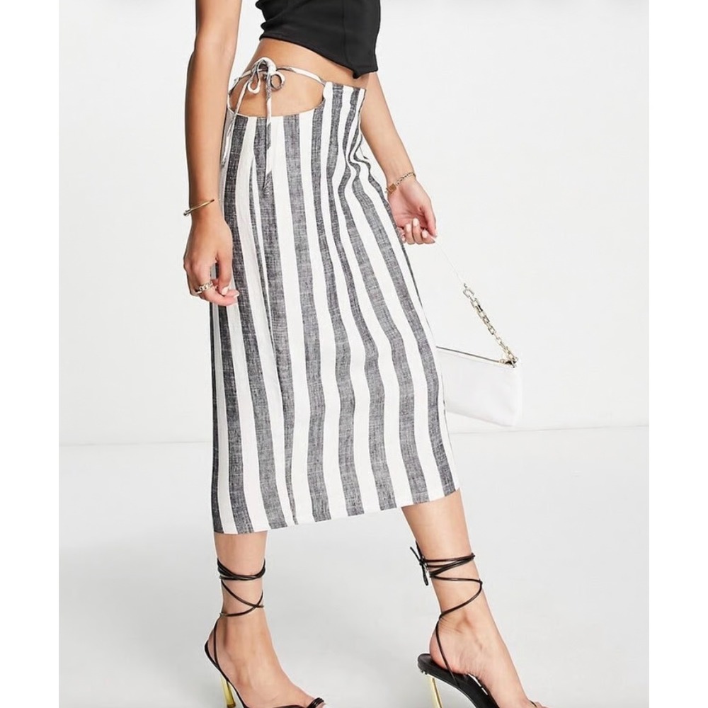 Lioness Fazio Linen Striped Midi Skirt Cotton Blend Medium Recycled Quiet Luxury